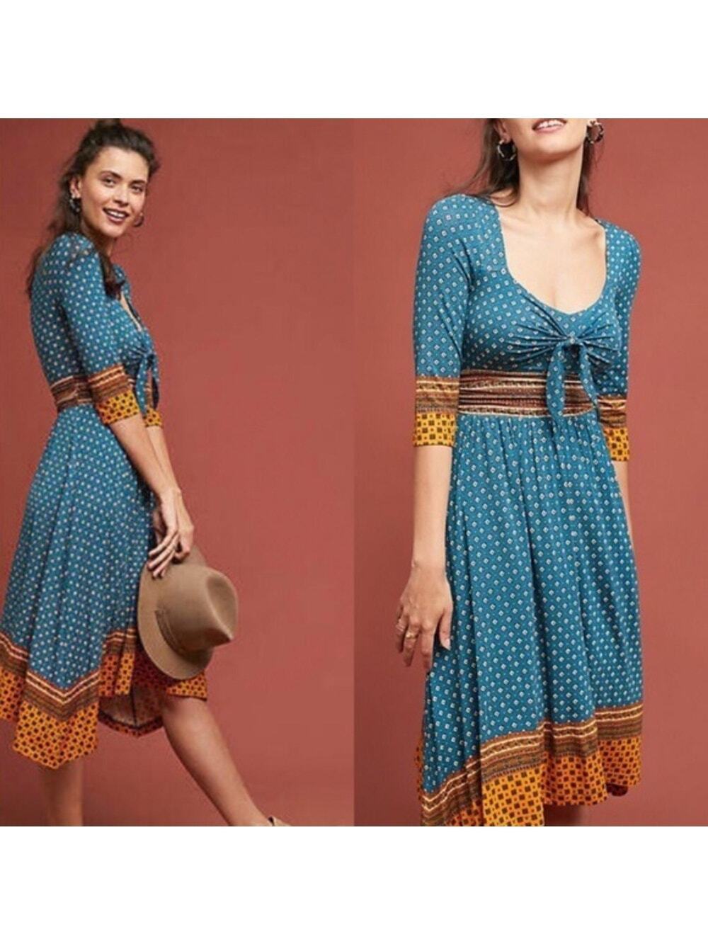 NEW Maeve by Anthroplogie Border Print Boho Small Blue Midi Dress Lightweight